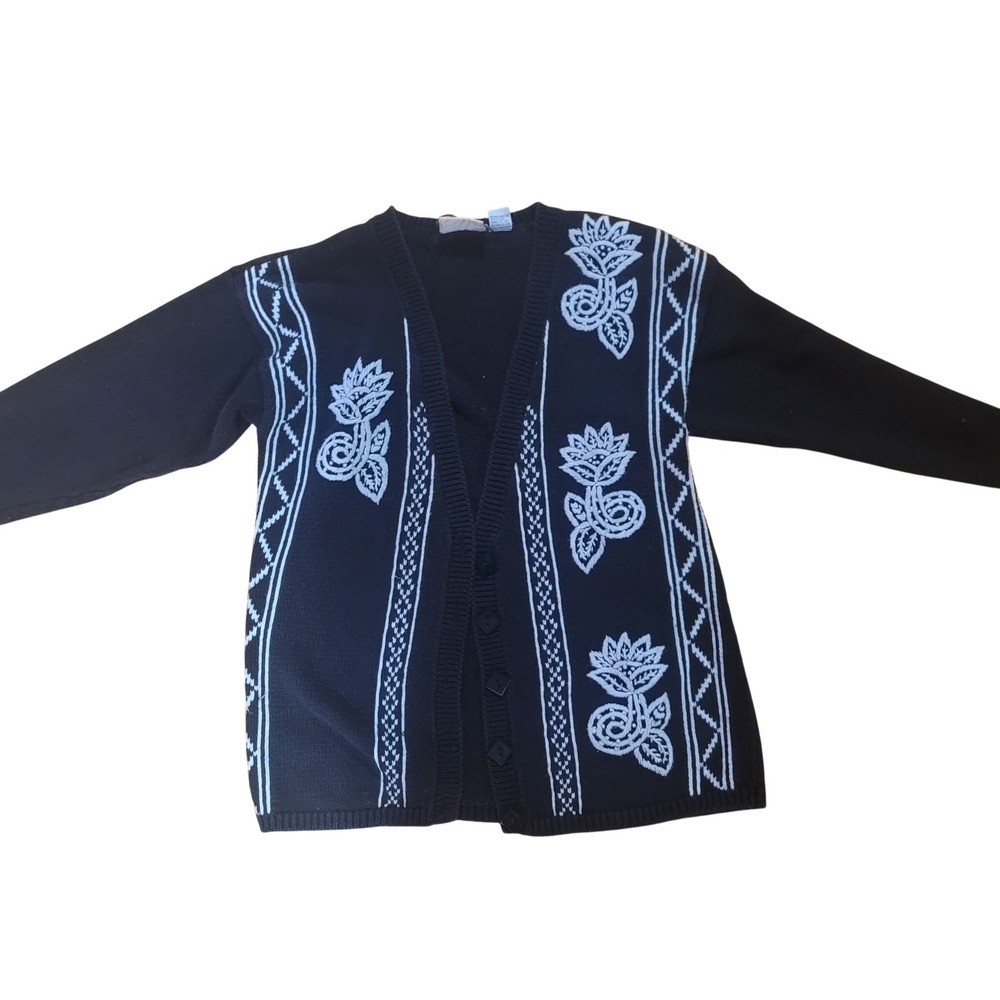 Mixit Vintage Black White Floral Embroidered Ramie Cotton Cardigan Sweater Small